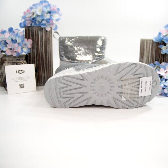 UGG Classic Mini Mirror Ball Silver Sequin Sheepskin Suede Boots Size 7 NIB - Picture 3 of 7